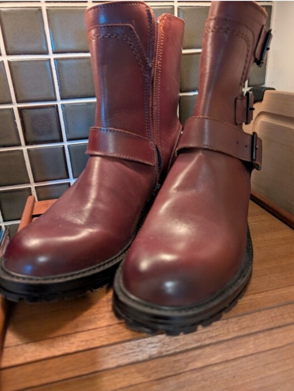 Burgundy/Brown Leather Moto Boots - Classic Strap & Buckle - Size 8